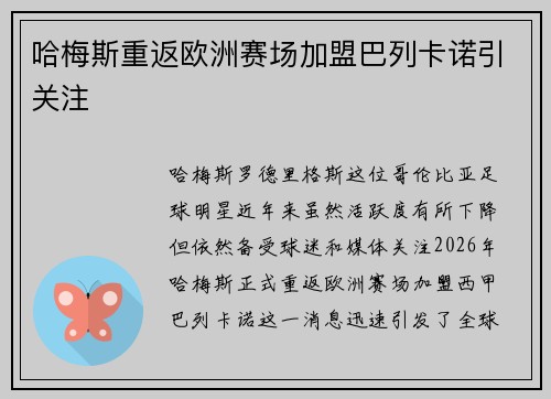 哈梅斯重返欧洲赛场加盟巴列卡诺引关注